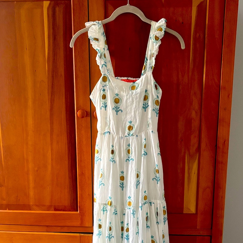Oliphant White Dress with Green and Gold Floral Design